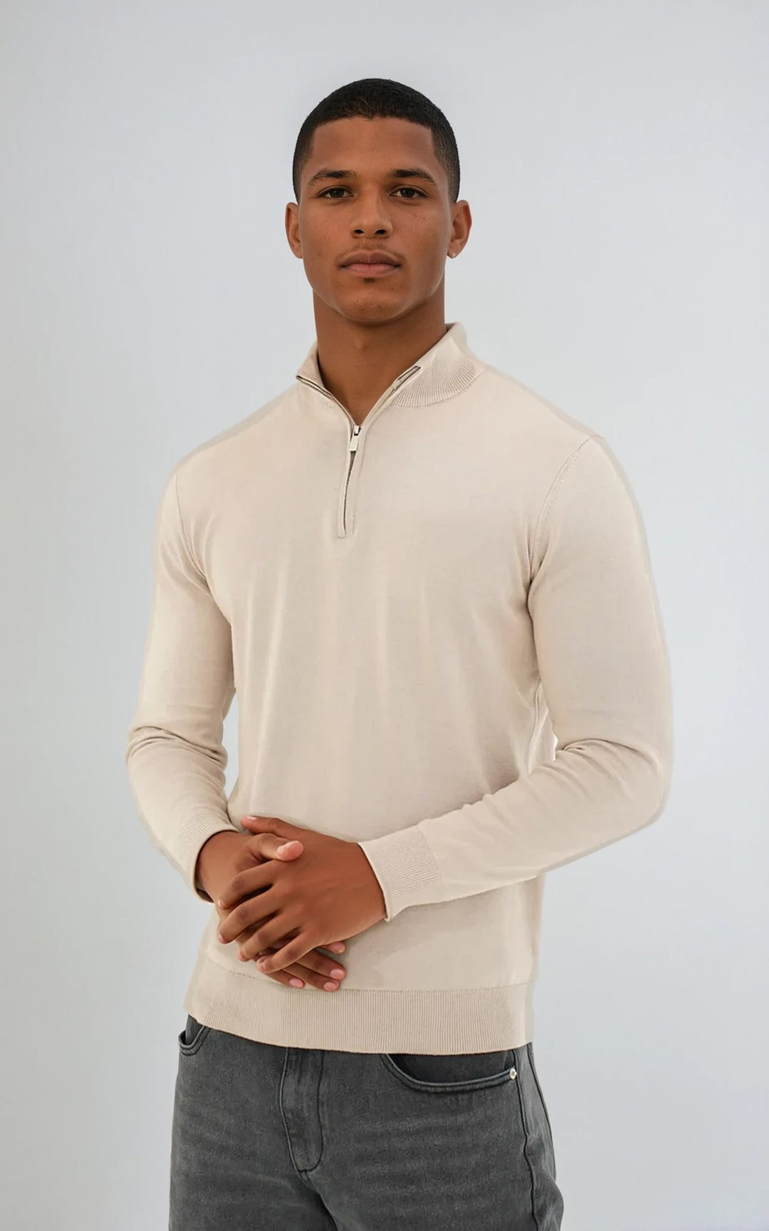 Men’s Egyptian Cotton Quarter Zip Knit Jumper - Beige