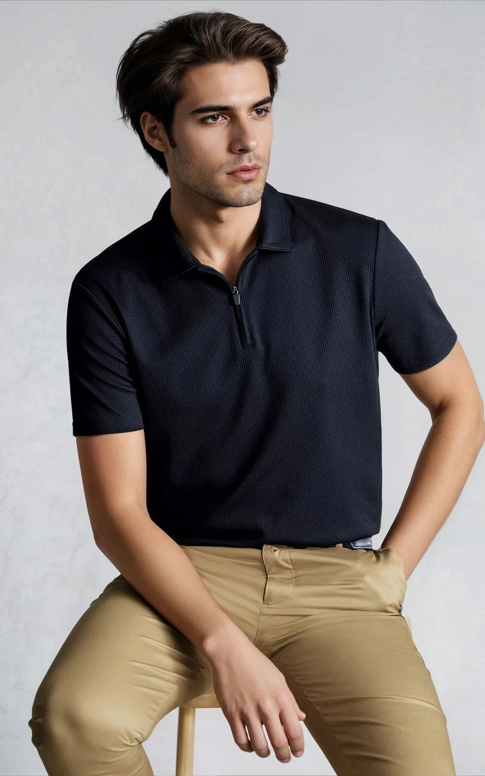 COMO men’s performance textured zip neck polo black modern smart casual wear