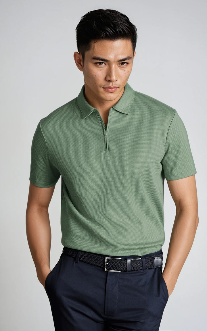 Men’s Performance Textured Zip-Neck Polo - Navy