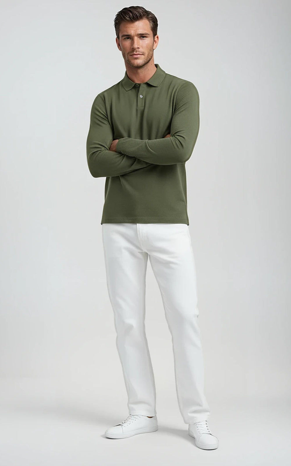 Green men's Mercerised cotton long-sleeve jersey polo by Como, shown from the front on a model.