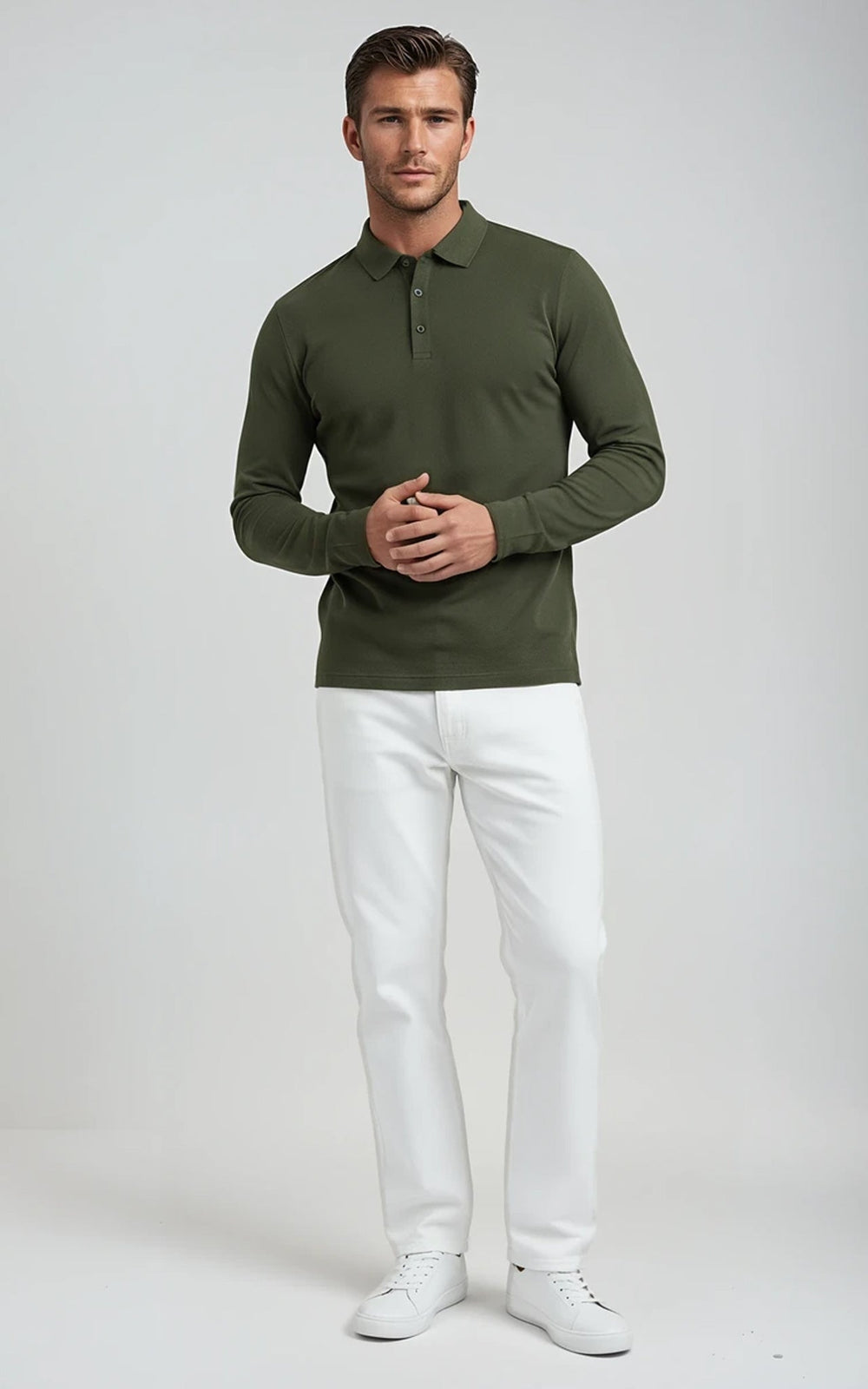 Green men's Mercerised cotton long-sleeve jersey polo by Como, front view showing collar and button placket.