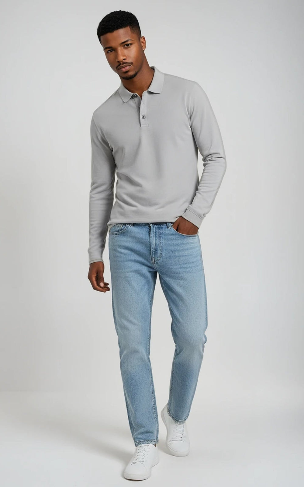 Grey men's Mercerised cotton long-sleeve Jersey polo by Como, shown from the front with a classic fit and detailed collar.