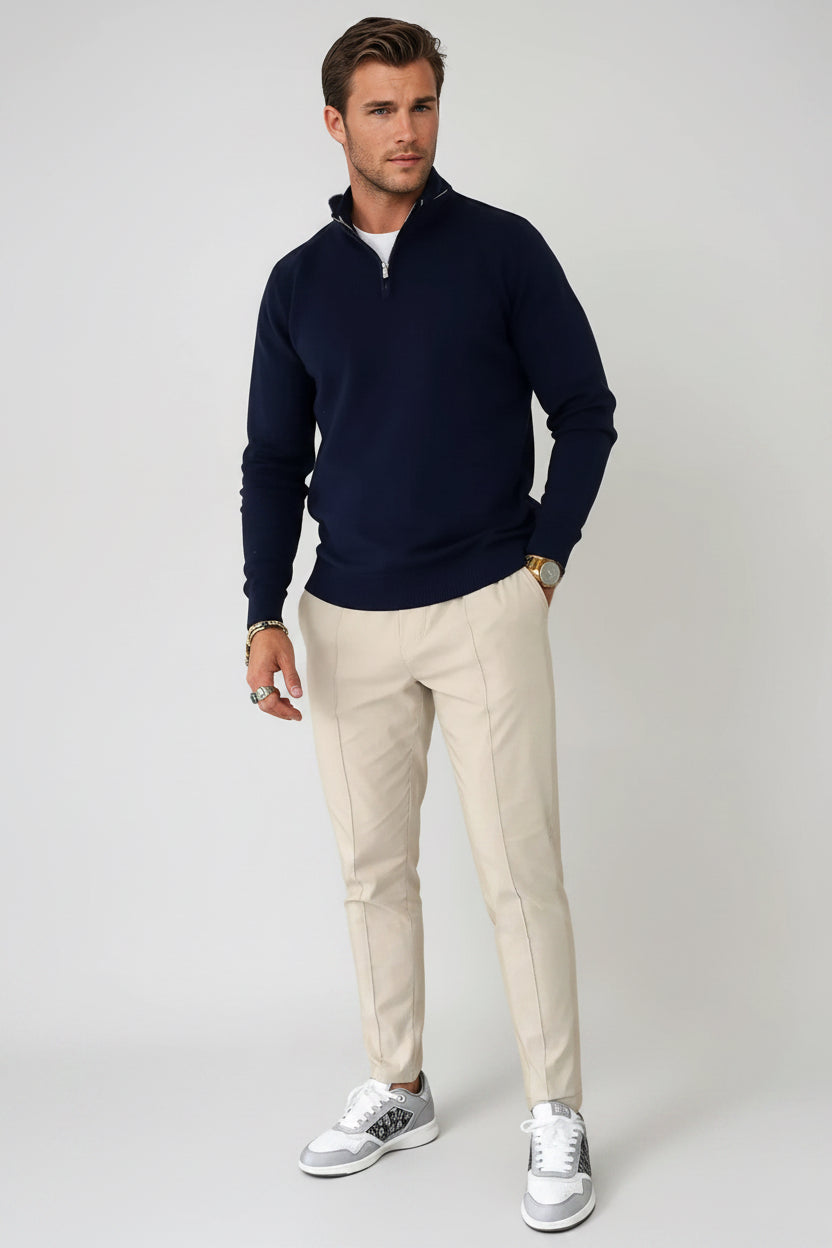 COMO men’s egyptian cotton quarter zip knit jumper navy premium smart knitwear