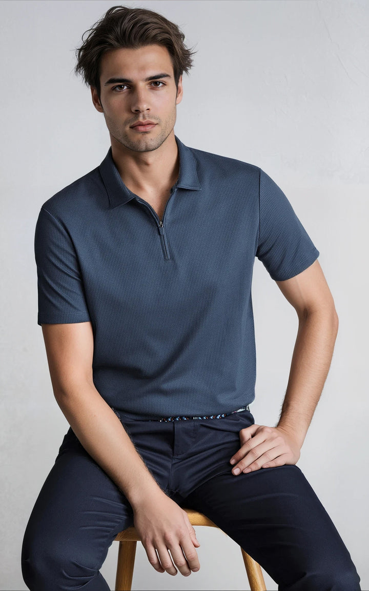 Men’s Performance Textured Zip-Neck Polo -  Grey