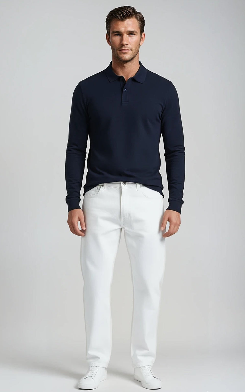 Navy men's Mercerised Cotton long-sleeve Jersey Polo by Como, front view showing classic fit and smooth fabric texture.