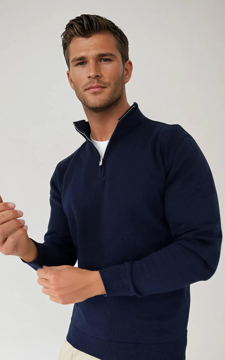 COMO men’s egyptian cotton quarter zip knit jumper navy premium smart knitwear