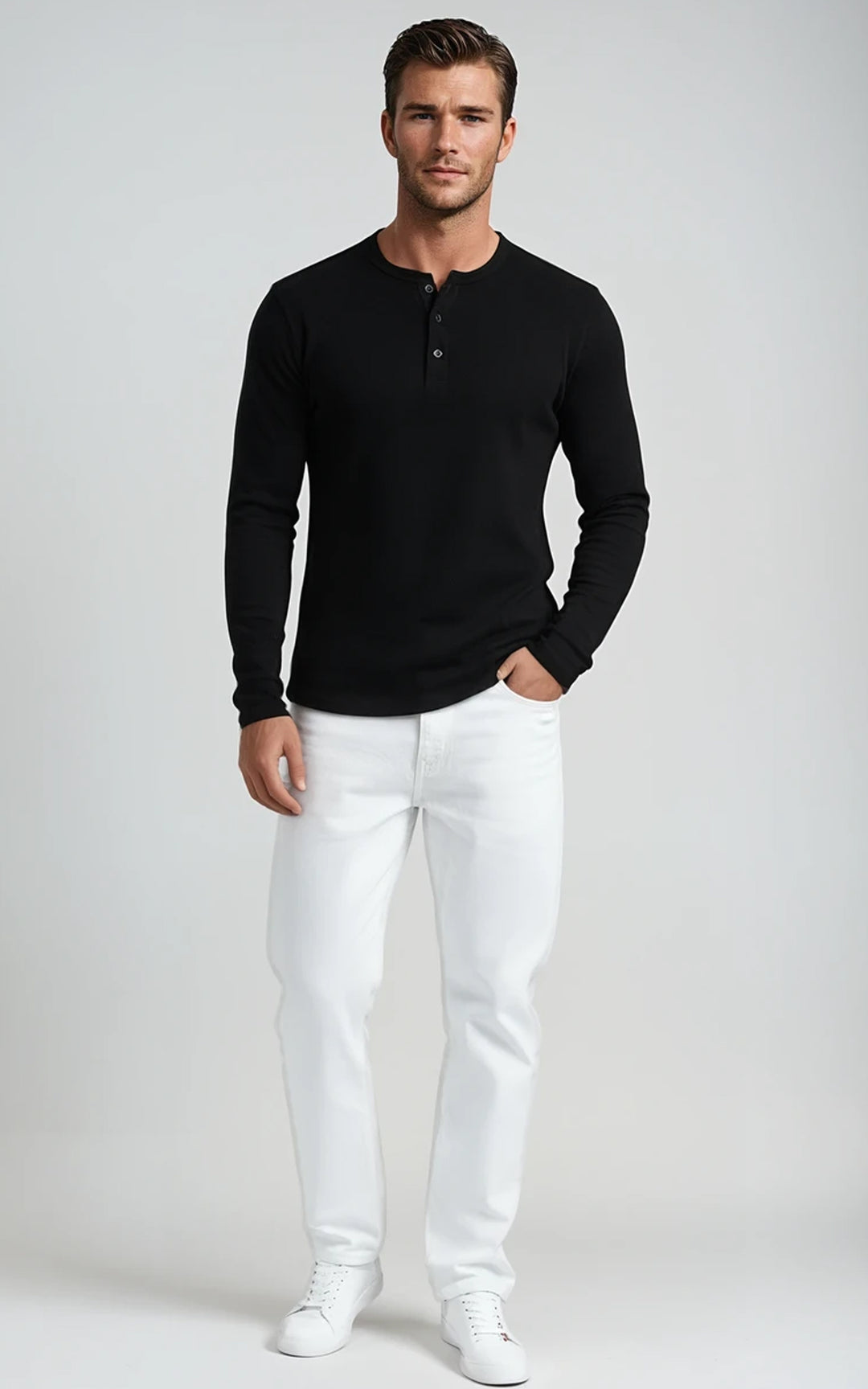 Men’s Long Sleeve Henley Top - White