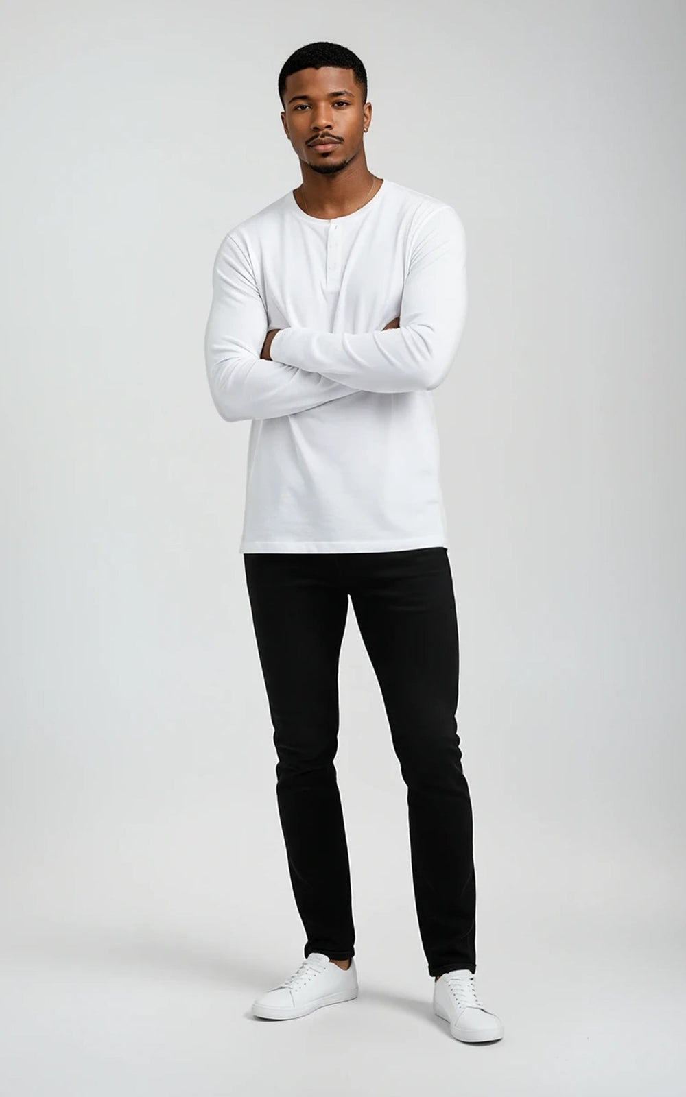 COMO men’s long sleeve henley top white premium fitted casual wear
