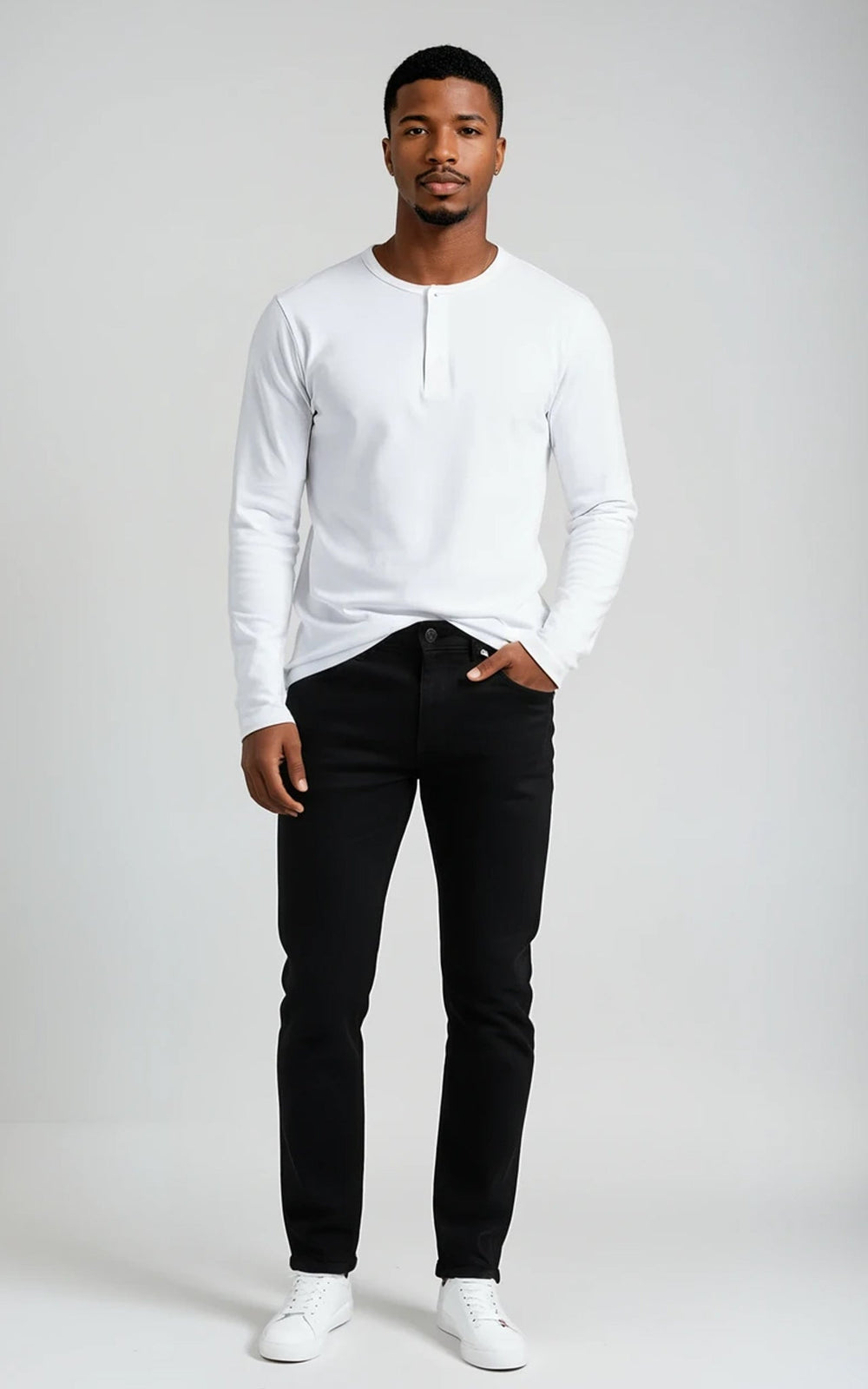 COMO men’s long sleeve henley top white premium fitted casual wear